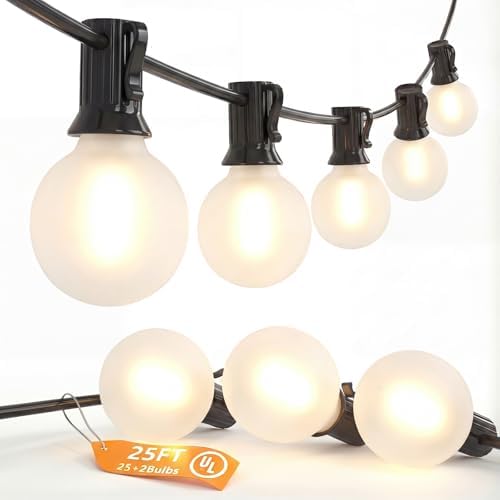 G40 Outdoor Globe Lights, 25FT Globe Christmas Lights with 27 LED Shatterproof Frosted Bulbs (2 Spare), Outdoor String Lights for Party Patio Garden Backyard Bistro Pergola Gazebo Decor, Black Wire by SUNSGNE