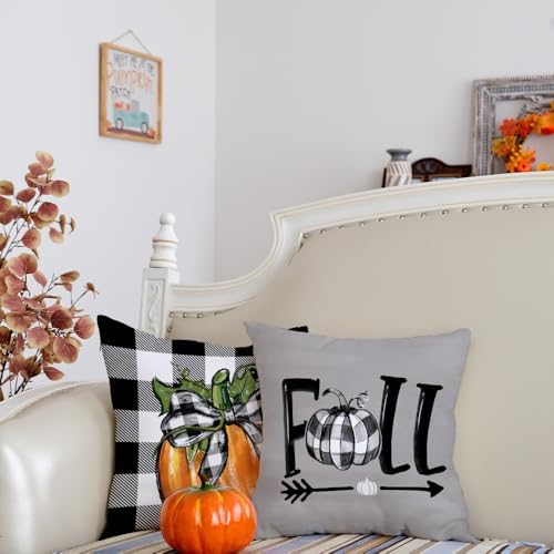GEEORY Fall Decorative Throw Pillow Covers 18x18 Inch Set of 4, Pumpkins Thankful Blessed Buffalo Plaid Grey Fall Decor Outdoor Farmhouse Cushion Cases for Home G579-18 - Image 7