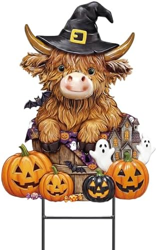 Amyhill Halloween Highland Cow Outdoor Decor Metal Garden Stakes with Pumpkins Bats Yard Signs for Halloween Outdoor Lawn Porch Backyard Holiday Lawn Decorations by Amyhill