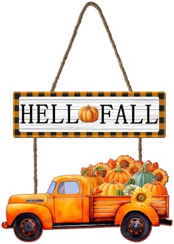 Hello Fall Hanging Sign for Front Door - 14.5"x9" Thanksgiving Welcome Door Sign with Pumpkins - Farmhouse Vintage Autumn Decoration for Fall Porch Home Wall by welcometoourhome