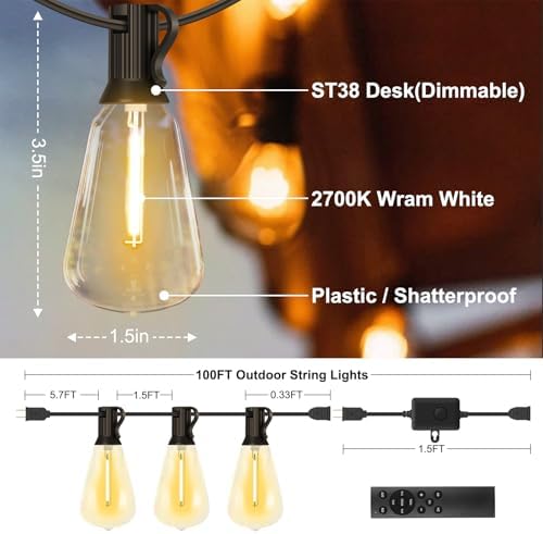 Outdoor String Lights 50FT with 32 Bulbs 1.5FT Spacing, 120W Dimmer, Remote - Image 5