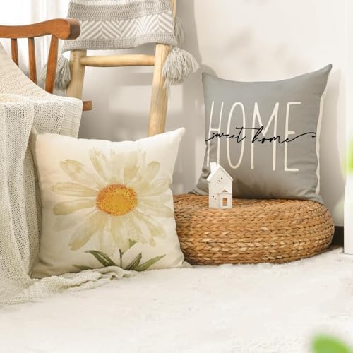 AVOIN colorlife Home Sweet Home Spring Summer Flowers Throw Pillow Covers, 20 x 20 Inch Grey Cushion Case for Sofa Couch Set of 4 - Image 5