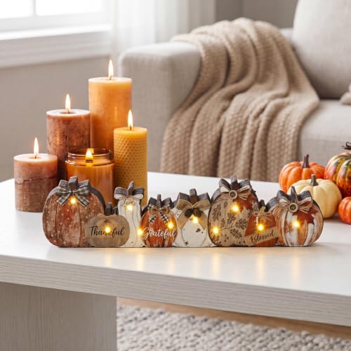 Yousoontic Fall Table Decorations, Light up Pumpkin Table Centerpieces Rustic Wooden Sign Decor with LED Lights 3D Block Pumpkin Decor for Autumn Thanksgiving Harvest Farmhouse Home Mantel Desk Party - Image 2