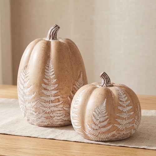 Fall Pumpkins for Decorating, Brown Resin Pumpkin Decor with Leaves Pattern by CRPQX