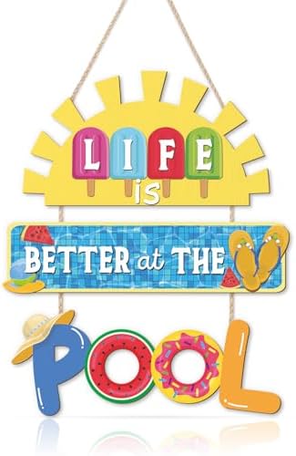 HOURIA Life is Better at The Pool Wood Hanging Sign,11.8 * 13.9 Inch Summer Sunshine Popsicle Swimming Pool Decor,Funny Pool Decorations for Outdoor Beach Party by HOURIA
