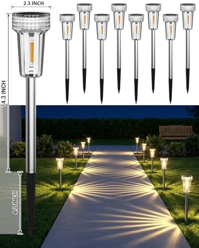 DERAYSION 12 Pack Solar Pathway Lights Outdoor, Solar Powered Garden Lights Auto On/Off, Waterproof Stainless Steel Pole Landscape Lighting for Path, Yard, Walkway, Driveway Decor - Warm White - Image 5