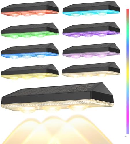 Solar Fence Lights Outdoor, Warm White & RGB 7 Color Changing, IP65 Waterproof, Dusk to Dawn Solar Deck Light for Patio, Railing, Pool, Porch, Backyard, Wall Decor, 8 Packs by Soiarllt