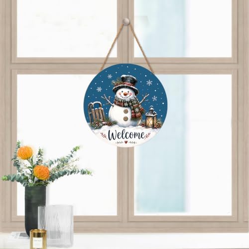 Winter Welcome Sign for Front Door Decor Christmas Snowman Snowflake Round Outdoor Hanging Wooden Door Sign for Porch Blue Xmas Holiday Wreath Hanger Sign for Outside Indoor Wall Decoration 12"X12" - Image 6