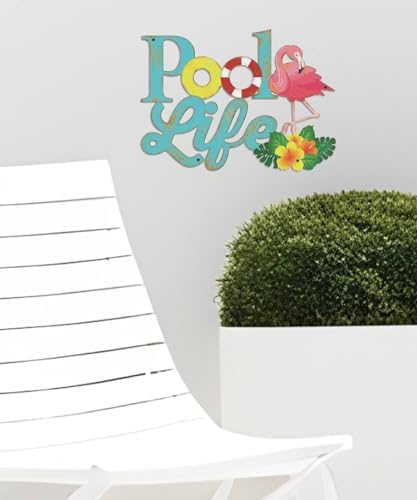 Putuo Decor Pool Life Metal Wall Art Decor, Coastal Metal Wall Art, Tropical Outdoor Decor Flamingo & Hibiscus Flower Design Swimming Pool Sign for Summer Beach Patio Poolside Bathroom Boat Decoration - Image 4