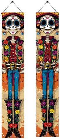 2PCS Day of the Dead Porch Banners 71x12 Inch Skeleton Couple Vertical Door Decorations, Colorful Dia de Los Muertos Halloween Hanging Signs for Front Porch Outdoor Party Decor by Unknown