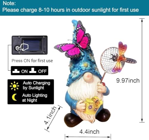 Garden Gnome Statues Outdoor Decor Solar Gnomes with Butterfly on LED Lighted Flowers, Resin Blue Gnomes Sculpture for Patio Yard Lawn Onament Decoration - Image 2