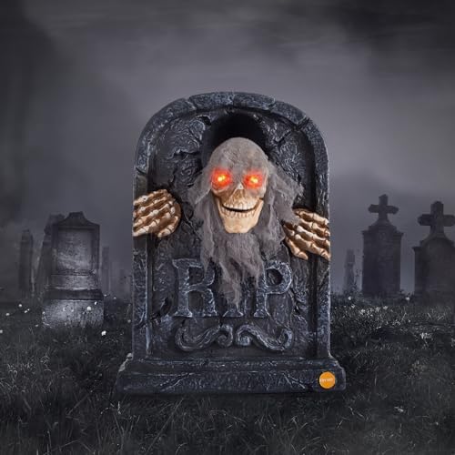 Halloween Animatronic Zombie Tombstone Animated Skeleton Decorations - Sensor Activated with Creepy Sound, Scary Move, Light Up Eyes, Haunted House Spooky Decor Horror Prop for Indoor/Outdoor, Yard by ELAMAS