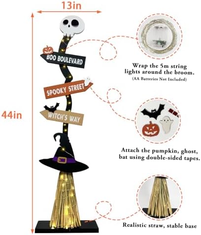 Lighted Halloween Wooden Witch Broom for Indoor Outdoor Decorations - Image 3