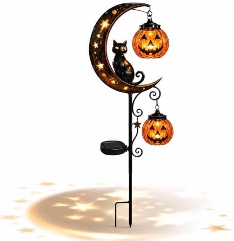 Solar Halloween Black Cat Garden Stake Light – Metal Crescent Moon & Pumpkin Lantern Yard Decor, Auto On/Off Waterproof LED Landscape Lighting for Patio Lawn Pathway (C) by Unknown