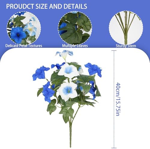 Artificial Flowers for Outdoors, Faux Petunias Spring Summer Decoration, Fake Flowers Plants UV Resistant Look Real Silk Flowers for Outside Planter Front Door Porch Patio Yard (6, Blue-White) - Image 2