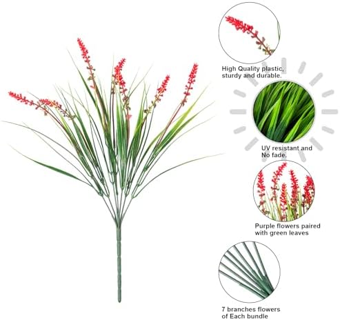 HyeFlora Artificial Fake Flowers Outdoor Plants for Summer Decoration,10 Bundles Faux Plastic Tall Monkey Grass Greenery UV Resistant Realistic Lavender for Home Planter Window Porch Garden-Red - Image 5
