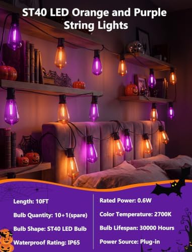 GOOTHY LED Outdoor Halloween Orange and Purple String Lights 10Ft Halloween Decorations Lights with 11 Shatterproof Bulbs, Hanging Patio Lights Outdoor Waterproof for Party Backyard Garden Decor - Image 4