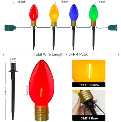 SUNSGNE C9 Christmas Pathway Lights, 7Ft Outdoor Stake with 4 Jumbo Multicolor LED Bulbs, Connectable Marker for Xmas Walkway Driveway Lawn Decor - Image 2
