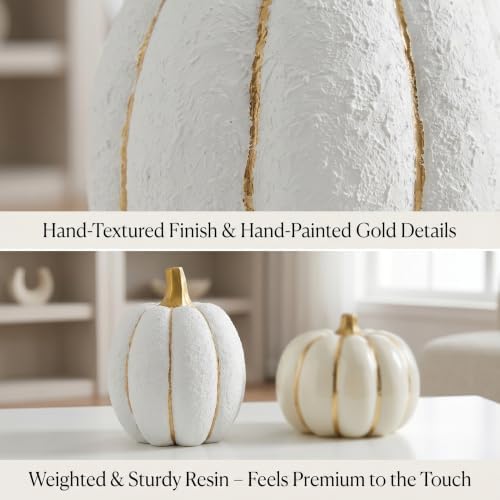 White and Gold Pumpkin Fall Decor, Set of 2 Resin Pumpkins for Decorating - Image 2