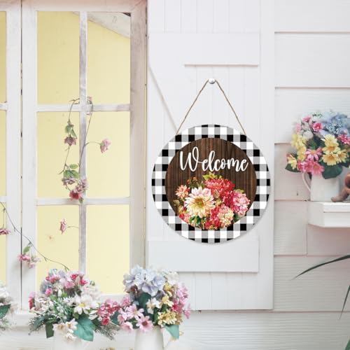Welcome Spring Sign for Front Door,Red Geranium Wooden Sign Indoor Wall Hanging Decor,Spring Floral Round Wood Hanging Decoration for Home Front Door Porch - Image 4