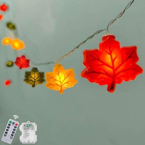 Fall Decor Maple Leaf String Lights, 10Ft Fall Thanksgiving Lights Indoor Battery Operated 20 LED Multicolor 3D Maple Leaves String Light with Timer, Autumn Light for Harvest Party Porch Home Decor by Fonusty