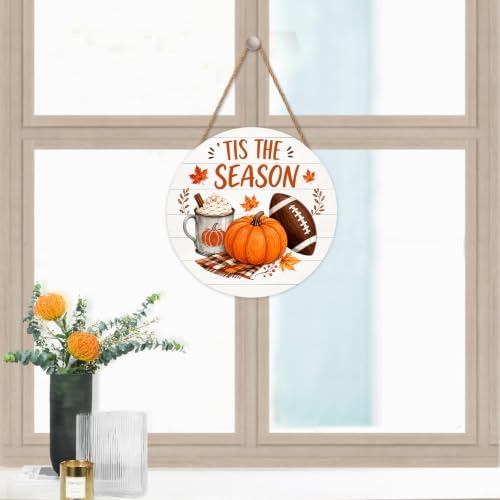 Fall Sign for Front Door Decor Autumn Harvest Thanksgiving Pumpkin Football Round Outdoor Hanging Wooden Door Sign for Porch Seasonal Home Wreath Hanger Sign for Outside Indoor Wall Decorations 12"X12" - Image 6
