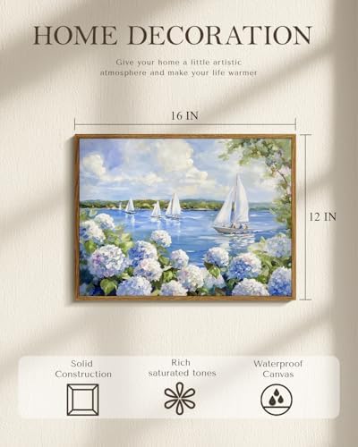 Vintage Blue Hydrangea Sailboat Framed Canvas Wall Art, 12x16 Summer Lake House Coastal Decor, Nautical Floral Landscape Painting Artwork for Living Room Bedroom Office Cottage Beach House - Image 4