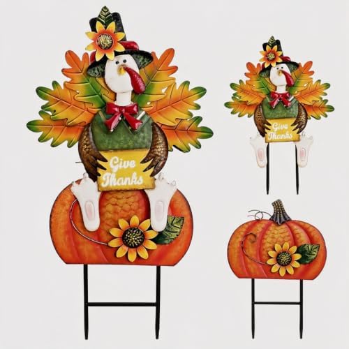 TERESA'S COLLECTIONS Thanksgiving Metal Turkey Pumpkin Garden Stake 29" by TERESASCOLLECTIONS