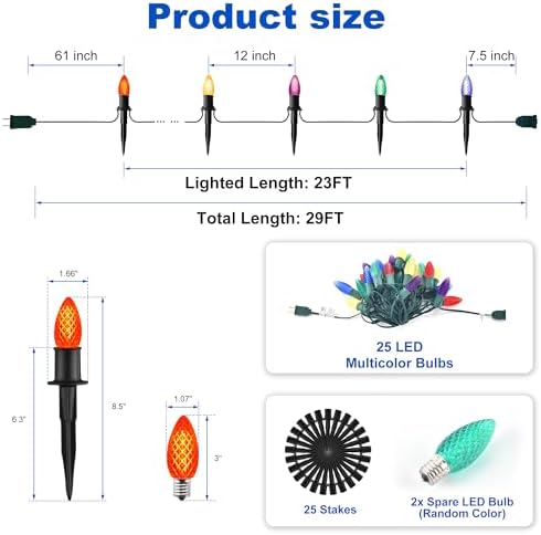 J-HVA  C9 Strawberry Christmas Pathway Lights - 29ft Christmas Multicolor String Lights Outdoor Waterproof Walkway Lights with 25 Marker Stakes for Xmas Tree Yard Garden Decoration (25 Lights) - Image 4