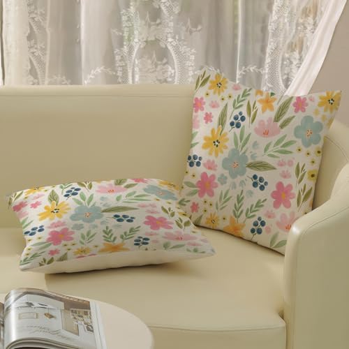 Outdoor Pillow Covers 16x16 Inch 2 Pcs Watercolor Pink Green Flower Spring Decor Throw Pillows Vintage Floral Summer Outdoor Seasonal Decoration Pillowcase Linen Cushion Cover for Couch Sofa - Image 4