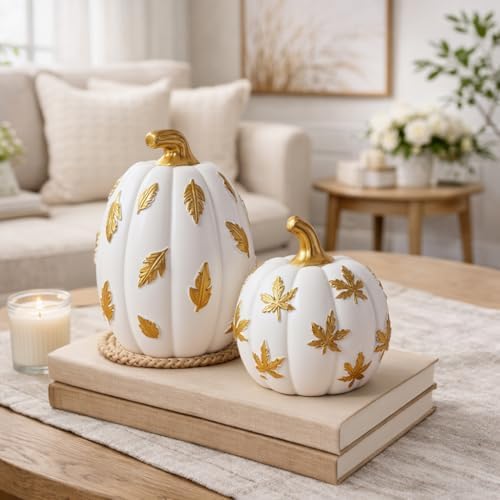 Pumpkin Fall Decor Indoor Fall Pumpkin Decorations 2Pcs Pumpkins Decor Thanksgiving Table Centerpiece Artificial Pumpkins Figurines for Autumn Harvest Home Decor Shelf Accent Decorating (Maple Leaf) - Image 2