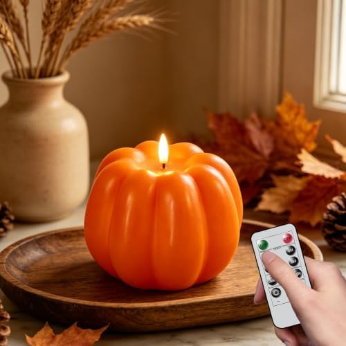 Wondise Orange Fall Decorations Real Wax Pumpkin Candles with Remote Timer by Wondise
