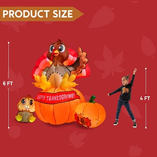 Joiedomi 6 ft Thanksgiving Inflatable Turkey on Pumpkin Decoration, LED Light Up Blow Up Turkey for Autumn Thanksgiving Family Party Décor, Halloween Inflatable for Yard Garden - Image 5
