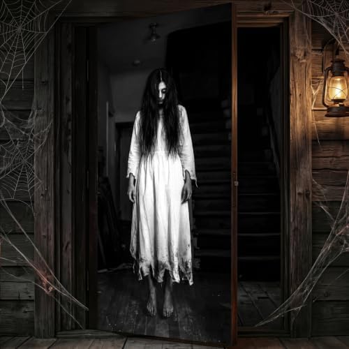 Terrifyingly Realistic Halloween Door Cover: Scary Ghost Woman Door Cover, 3D Illusion Horror Halloween Door Banner, Creepy White Dress Ghost Door Mural for Haunted House Decoration - Image 3
