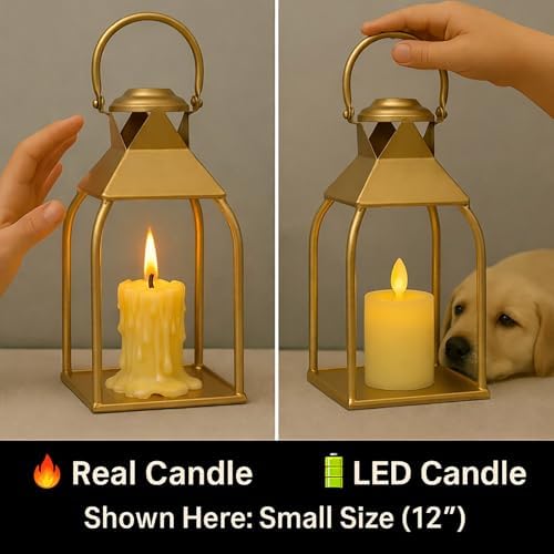 Decorative Metal Lanterns Indoor Outdoor, Candle Holder for Porch, Patio, Fireplace, Floor, Wedding, Christmas, Fall, Holiday, Farmhouse Table Centerpiece (Antique Gold, Set of 2 15.7" 12") - Image 3
