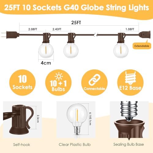 Mlambert 25FT G40 LED Outdoor String Lights with 10+1 Bulbs, Plug-in, Brown - Image 6