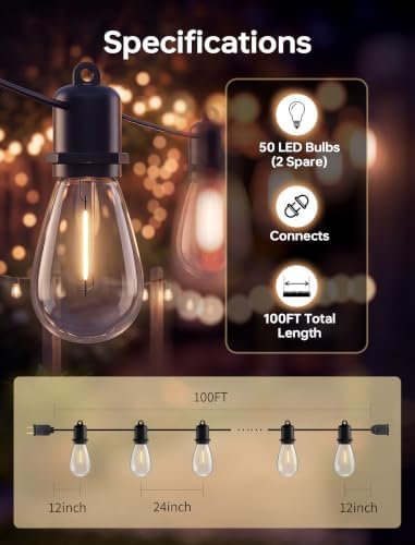 100FT Outdoor String Lights for Patio with 50+2 Shatterproof LED Bulbs - Image 2