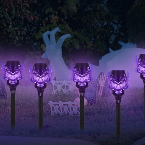 8 Pack Solar Halloween Lights Outdoor, Purple Skull Torch Lights - Image 4