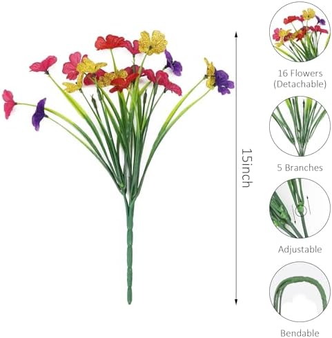 16 Bundles Summer Artificial Flowers Bundies Bulk UV Fake Flowers for Garden Pots Yard Outdoor Porch Home Decor, Colorful Faux Wildflowers Plastic Plant for Outside - Image 2