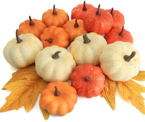 16PCS Realistic Mini Pumpkin Decor,Fall Decor with Pumpkins Maple Leaves, Artificial Pumpkin Decor for Autumn Filler, Realistic Pumpkin Decorations for Halloween Thanksgiving Fall Home Decor by CHEAWRTZ