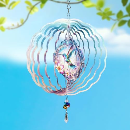 10 Inch 3D Hummingbird Wind Spinner with Crystal Pendant, Renyalora Colorful Metal Mandala Hanging Spinner, Kinetic Wind Sculpture for Outdoor Yard, Garden, Patio, Balcony Decor - Image 2