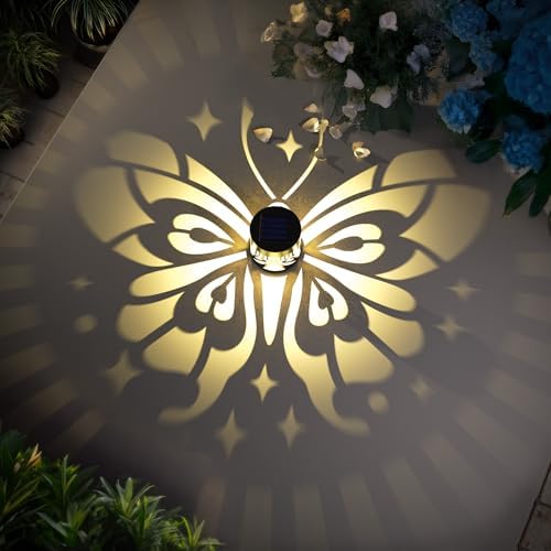 Hapjoy Solar Fence Lights 2 Pack Outdoor Deck Step Wall Lights Metal Waterproof LED Warm Yellow Light for Garden Post Patio Backyard Yard Decor (Butterfly-Star, 2) - Image 6