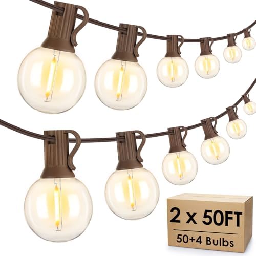 Mlambert 100Ft(2x50Ft) Outdoor String Lights, G40 Globe Patio Lights with 50+4 Waterproof LED Hanging Plastic Bulbs for Cafe Balcony Party-Brown Wire by Mlambert