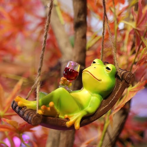 NINIPAPA Frog Garden Decor Outdoor Hanging Frog Wine Statue for Fall Yard Patio Party Decoration, Cute Swing Frog Decor Figurines, Gifts for Mom Dad on Birthday, Valentine's Day Housewarming - Image 3