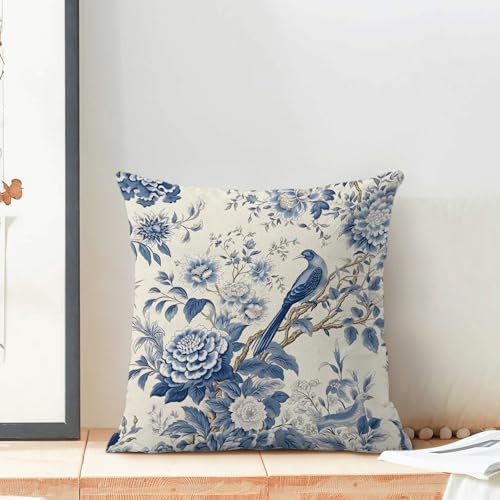 CXMEIFLY Spring Floral Pillow Covers 18 x 18 Inch Set of 2 for Chinoiserie Flowers Bird Decor Throw Pillows Vintage Blue and White Plant Outdoor Decorative Cushion Cases for Couch Bed Decorations - Image 3