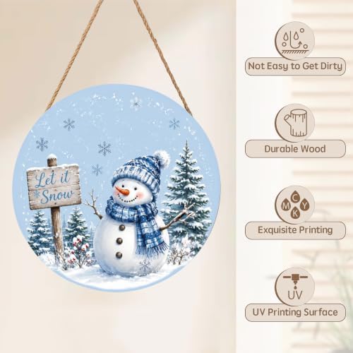 Winter Sign for Front Door Decor Christmas Snowman Snowflake Round Outdoor Hanging Wooden Door Sign for Porch Xmas Let It Snow Farmhouse Wreath Hanger Sign for Outside Indoor Wall Decoration 12"X12" - Image 3