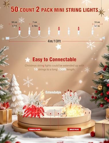 Hopolon Red and Clear Christmas Light, 2PACK Total 100Count 26FT,White Wire - Image 6