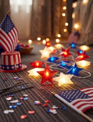 Red White Blue Stars String Lights, 8.5Ft 4th of July Decorations Lights with 10 Red White Blue Lights, Plug in Stars String Lights Outdoor for Independence Day Memorial Patriotic Party Gift Decor - Image 2