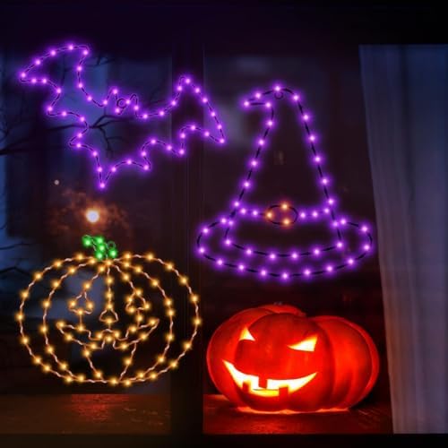 Halloween Decorations, Bat Pumpkin Hat Window Lights, 8 Modes Battery Operated Halloween Lights with Timer, Waterproof Window Silhouette Light for Indoor Window Door Yard Party Decor - Image 4