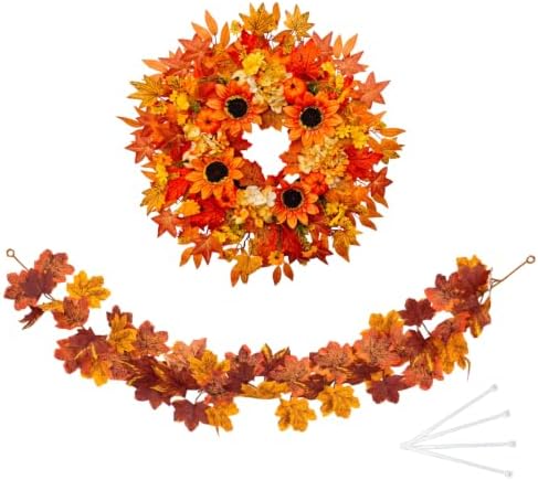 Fall Wreath & Garland with Pumpkins Sunflowers Maple Leaves Set, 26in by Vorruil